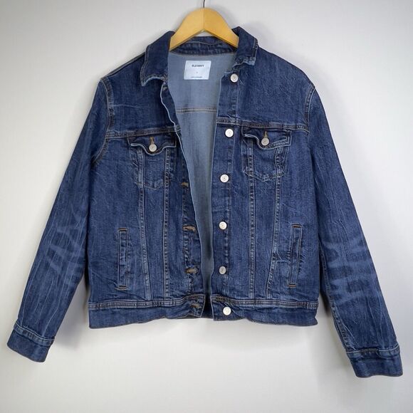 Old Navy Womens Trucker Denim Jean Jacket Dark Wash Button Up Pockets Size Large - Picture 1 of 8